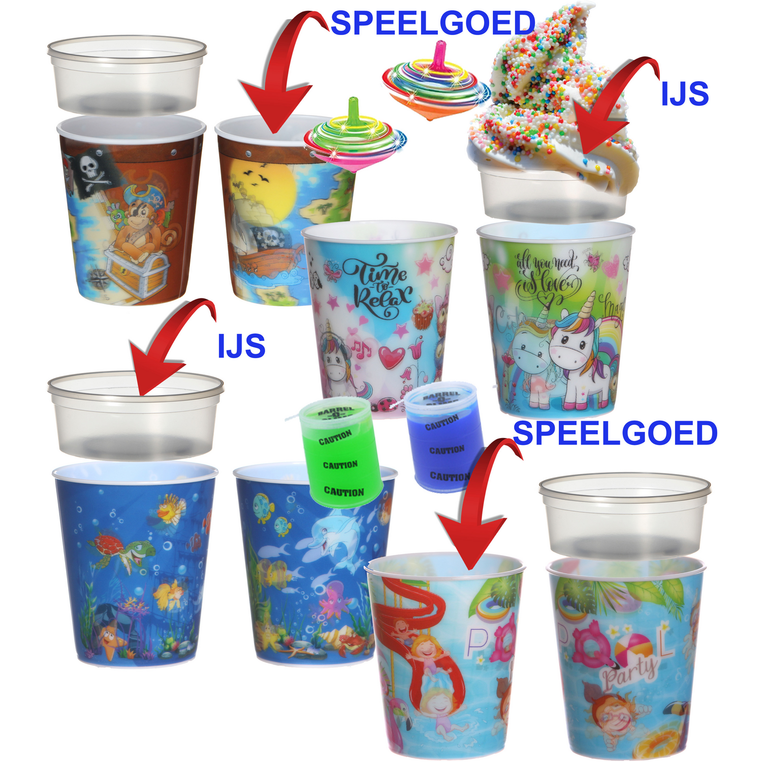  Ice-cream tub, incl. surprise mix, Pirate, Girls, Ocean and Pool Party, PP, 300ml, assorted 1